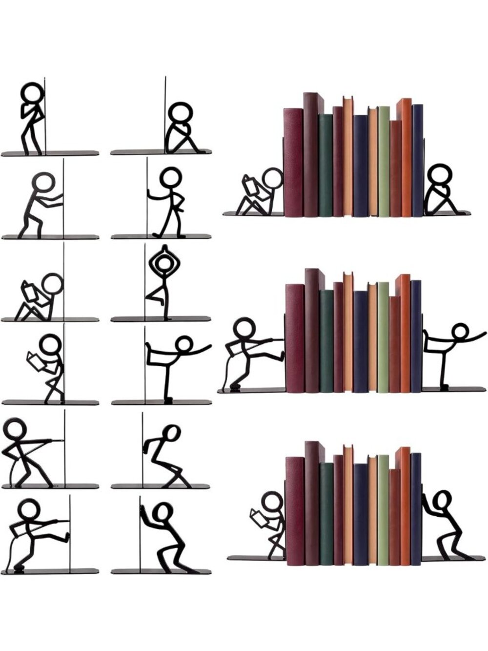Funny Decorative Metal Bookends - 6 Pairs for Stylish Shelf Organization